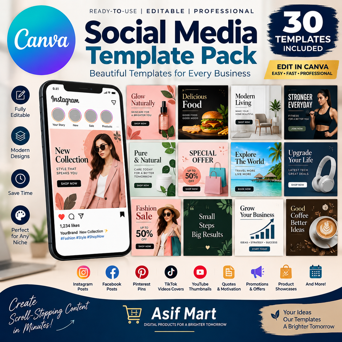 Canva Social Media Templates Pack – 30 Editable Posts & Stories | Asif Mart