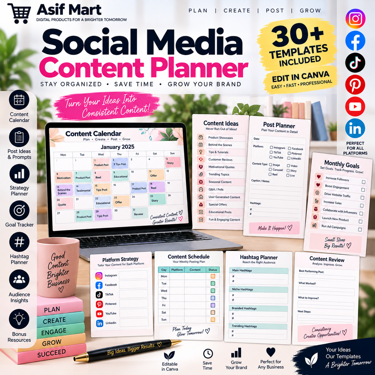 Social Media Content Planner – 30 Editable Planning Templates | Asif Mart