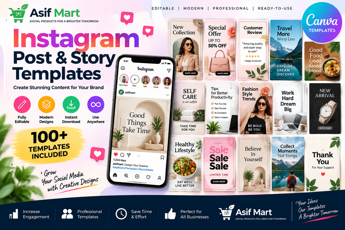 Instagram Post & Story Templates – 30 Editable Canva Designs | Asif Mart