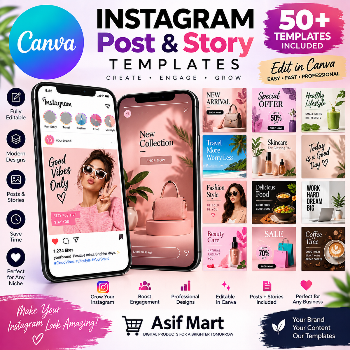 Instagram Post & Story Templates – 30 Editable Canva Designs | Asif Mart