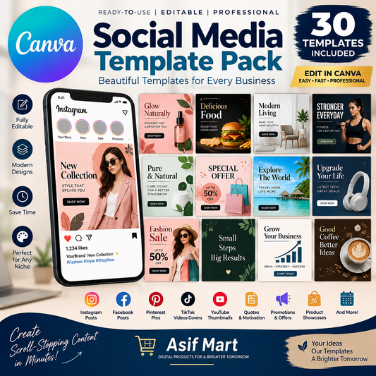 Canva Social Media Templates Pack – 30 Editable Posts & Stories | Asif Mart