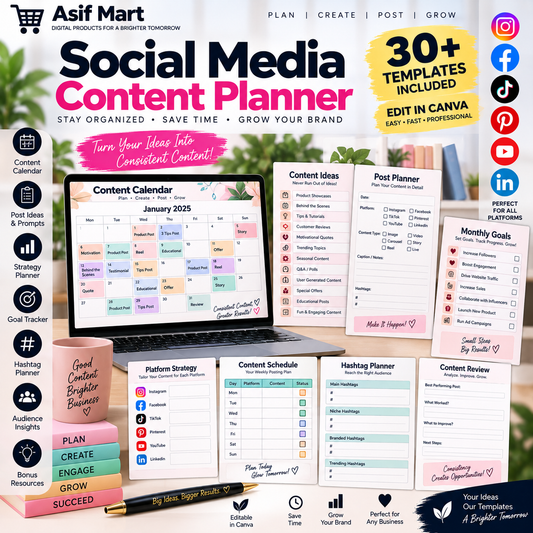Social Media Content Planner – 30 Editable Planning Templates | Asif Mart