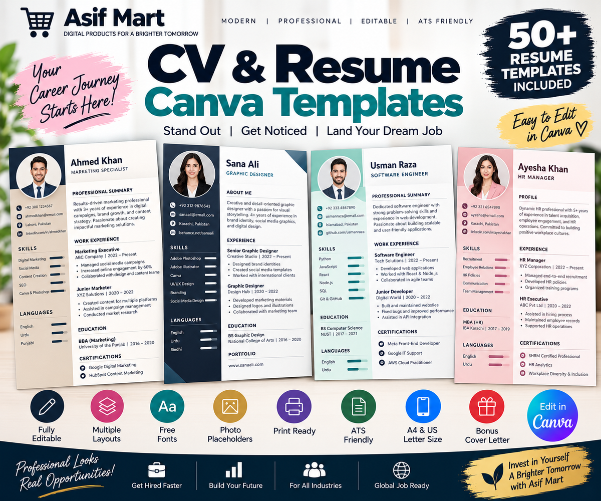 CV & Resume Templates – 30 Editable Professional Canva Designs | Asif Mart