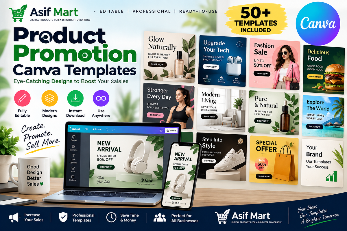 Product Promotion Canva Templates – 30 Editable Designs | Asif Mart